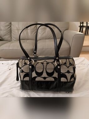 Coach - Signature Stripe Patent Leather Satchel Purse - Black and Tan